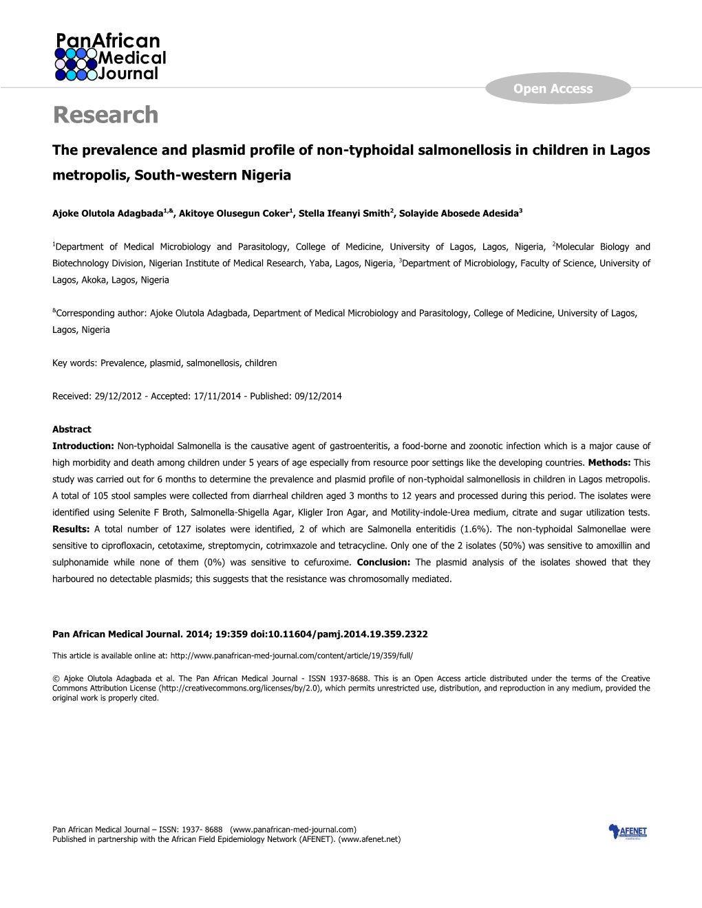The Prevalence and Plasmid Profile of Non-Typhoidal Salmonellosis in Children in Lagos Metropolis, South-Western Nigeria