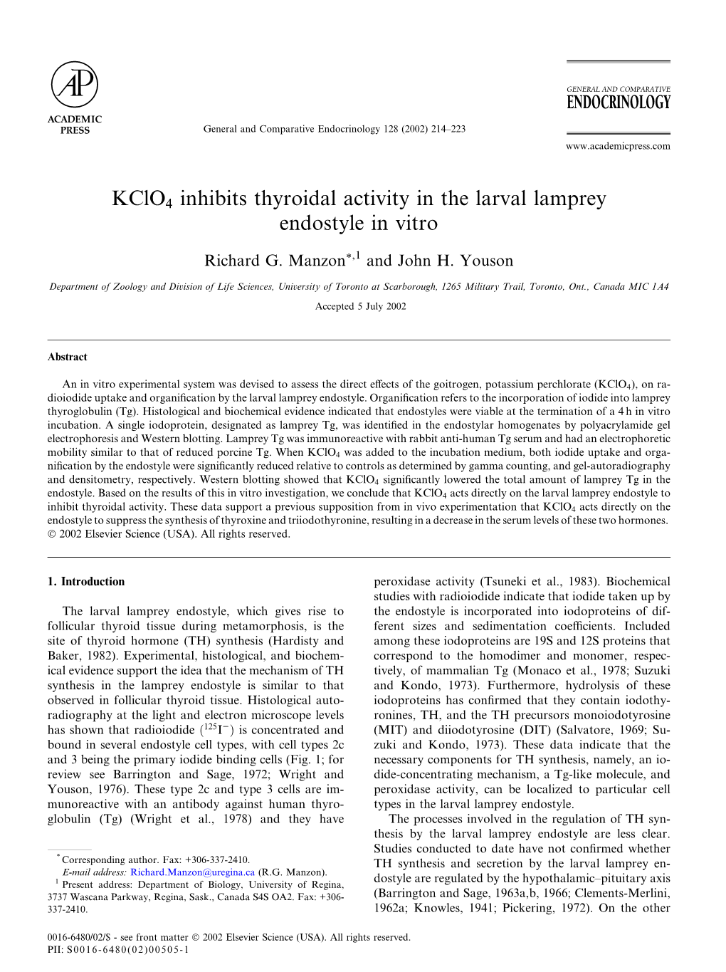 Kclo4 Inhibits Thyroidal Activity in the Larval Lamprey Endostyle in Vitro