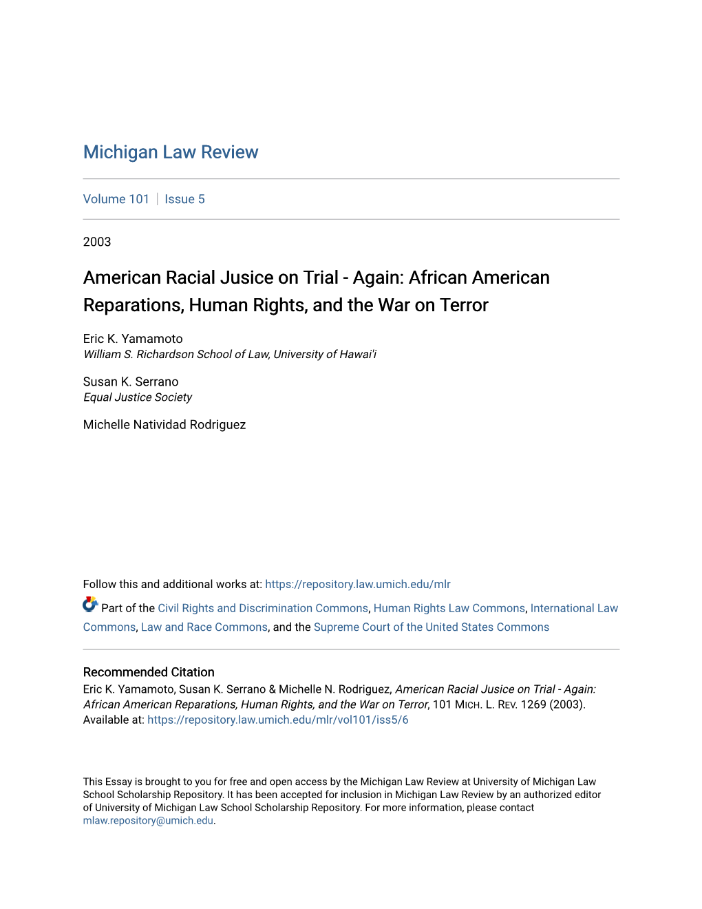 African American Reparations, Human Rights, and the War on Terror