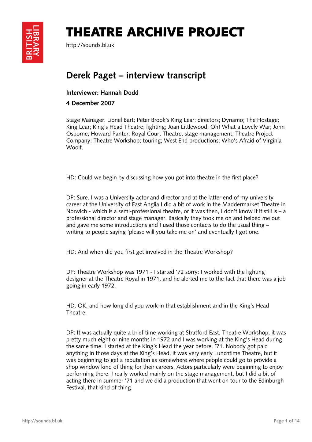 Theatre Archive Project: Interview with Derek Paget