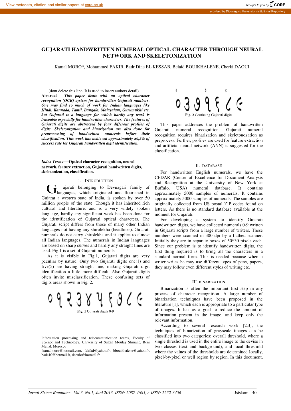 Gujarati Handwritten Numeral Optical Character Through Neural Network and Skeletonization