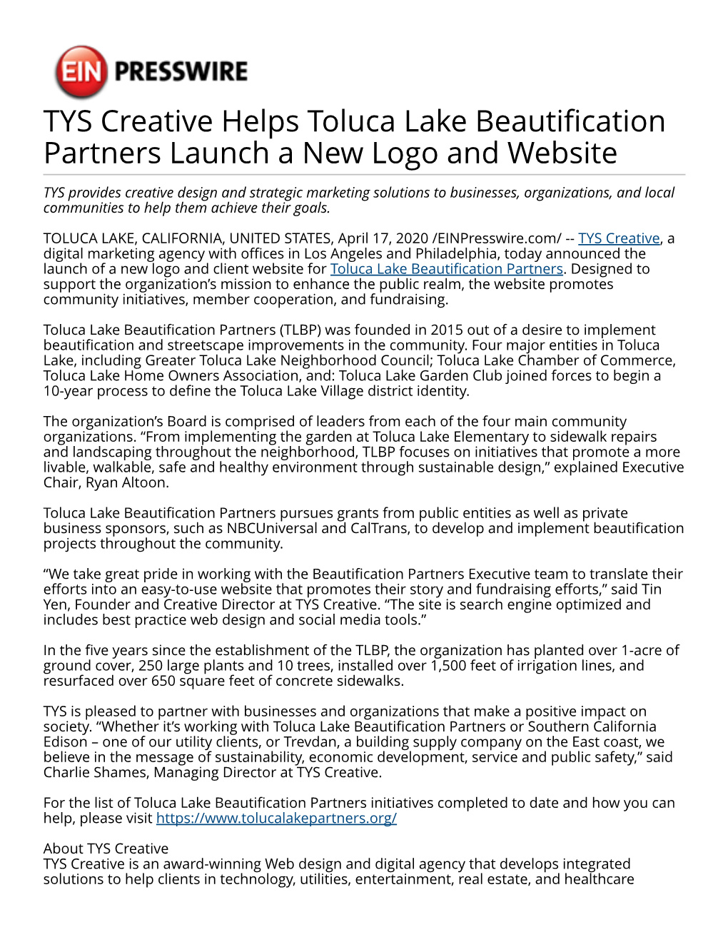 TYS Creative Helps Toluca Lake Beautification Partners Launch a New Logo and Website