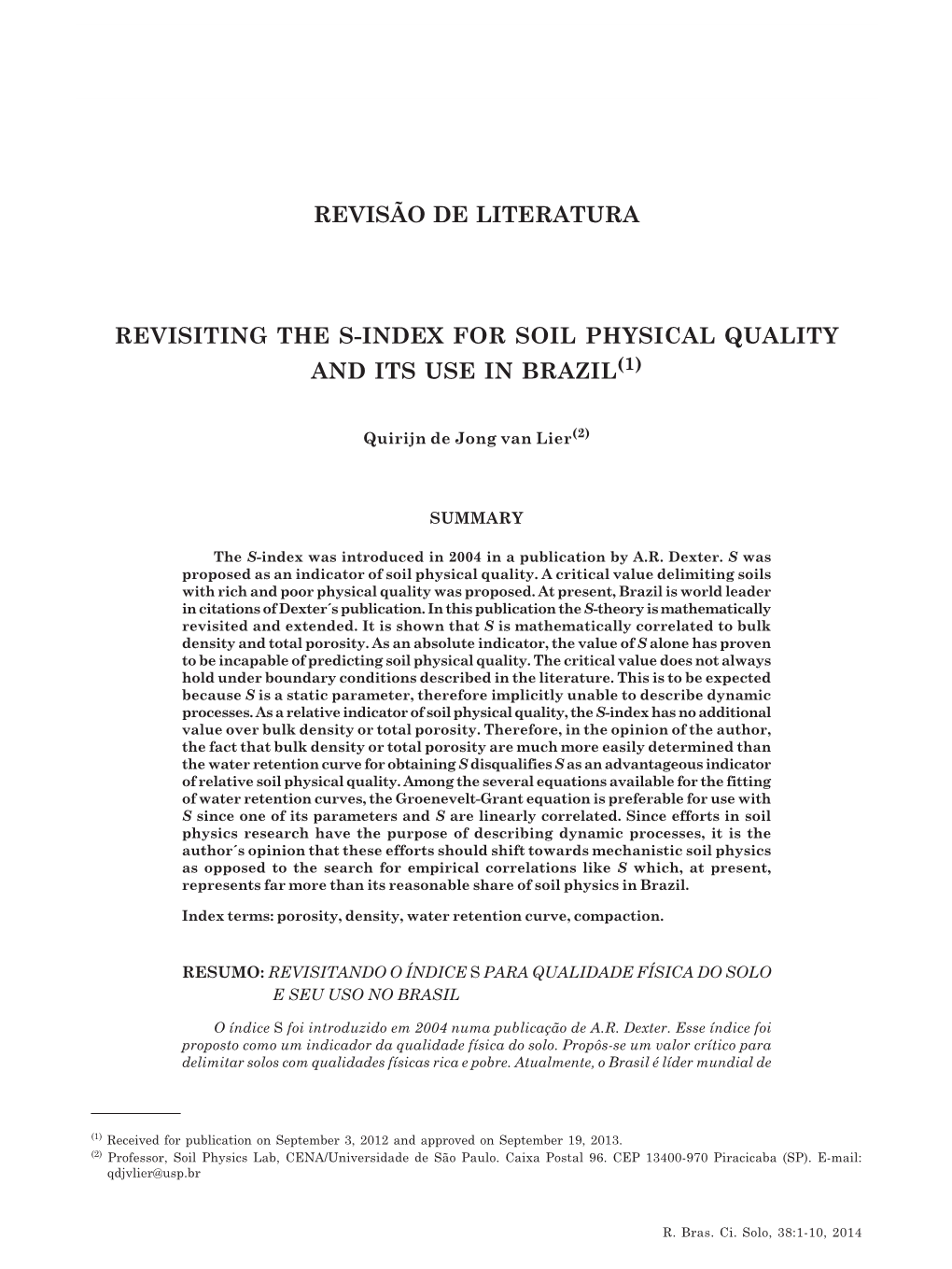 Revisiting the S-Index for Soil Physical Quality and Its Use in Brazil 1