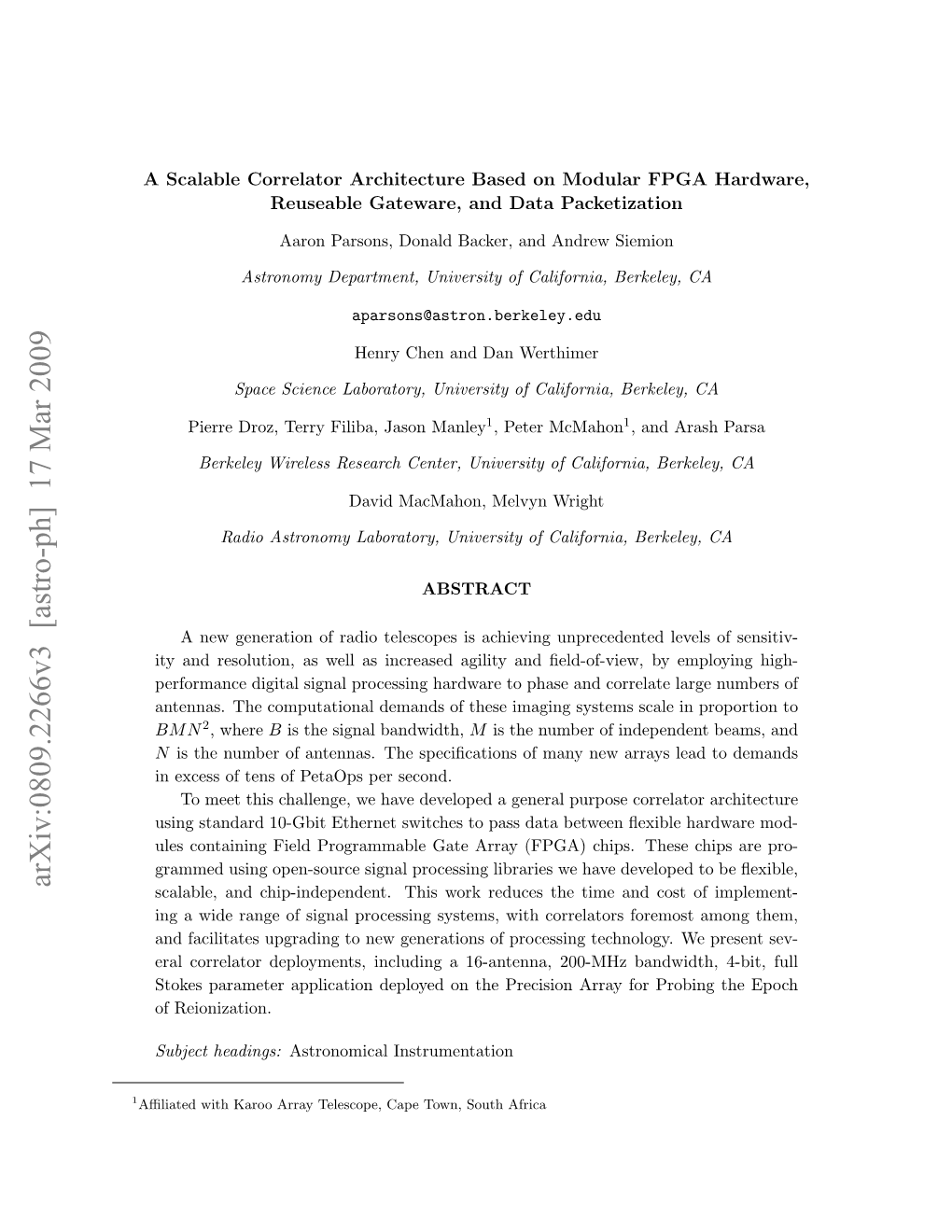 A Scalable Correlator Architecture Based on Modular FPGA Hardware, Reuseable Gateware, and Data Packetization