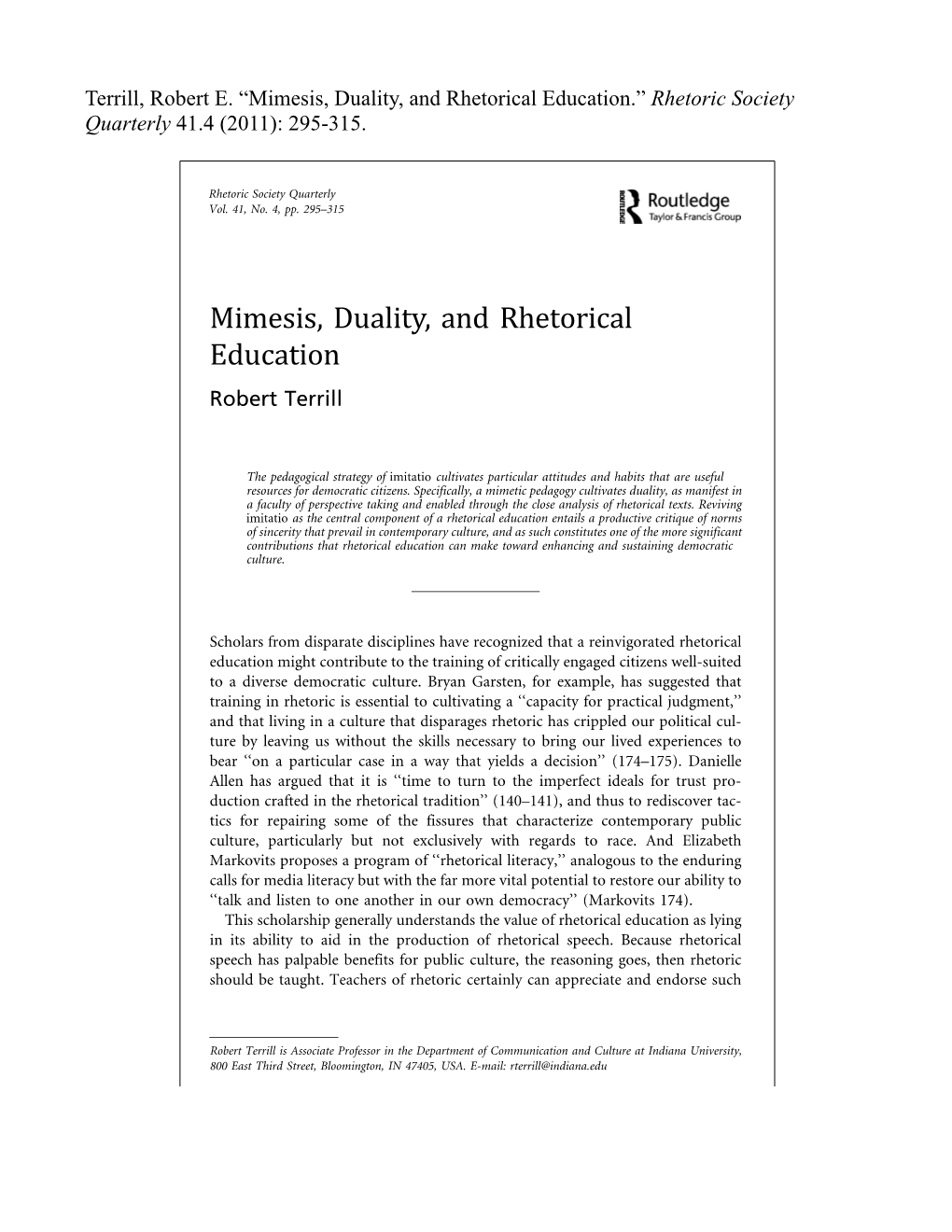 Mimesis, Duality, and Rhetorical Education.” Rhetoric Society Quarterly 41.4 (2011): 295-315