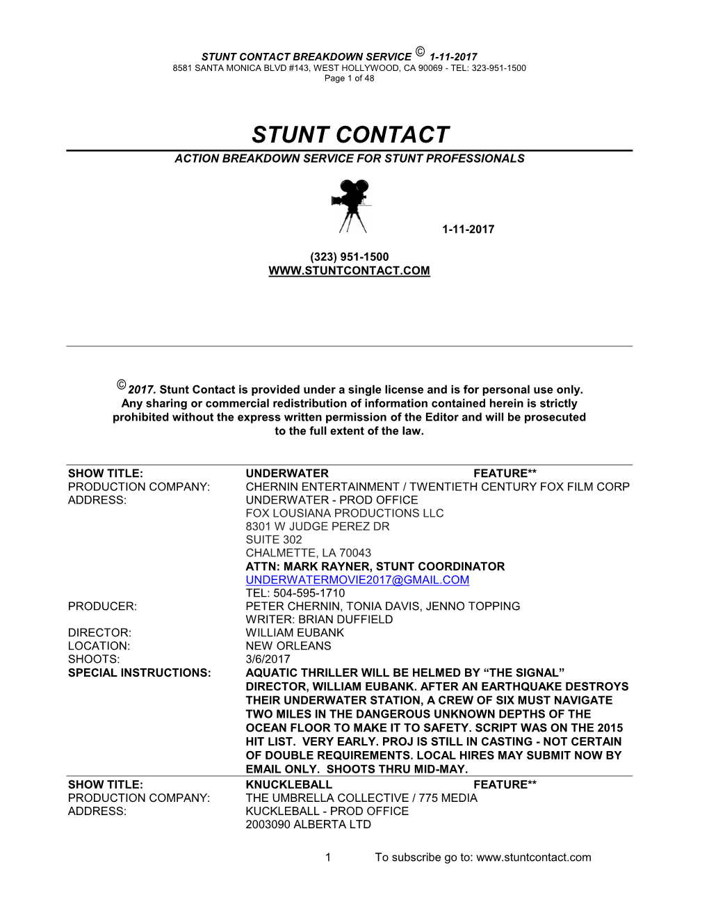 STUNT CONTACT BREAKDOWN SERVICE 1-11-2017 8581 SANTA MONICA BLVD #143, WEST HOLLYWOOD, CA 90069 - TEL: 323-951-1500 Page 1 of 48