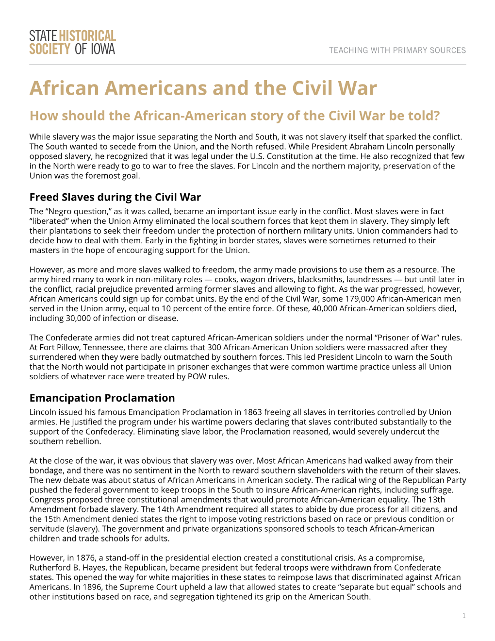 African Americans and the Civil War Source Set Teaching Guide