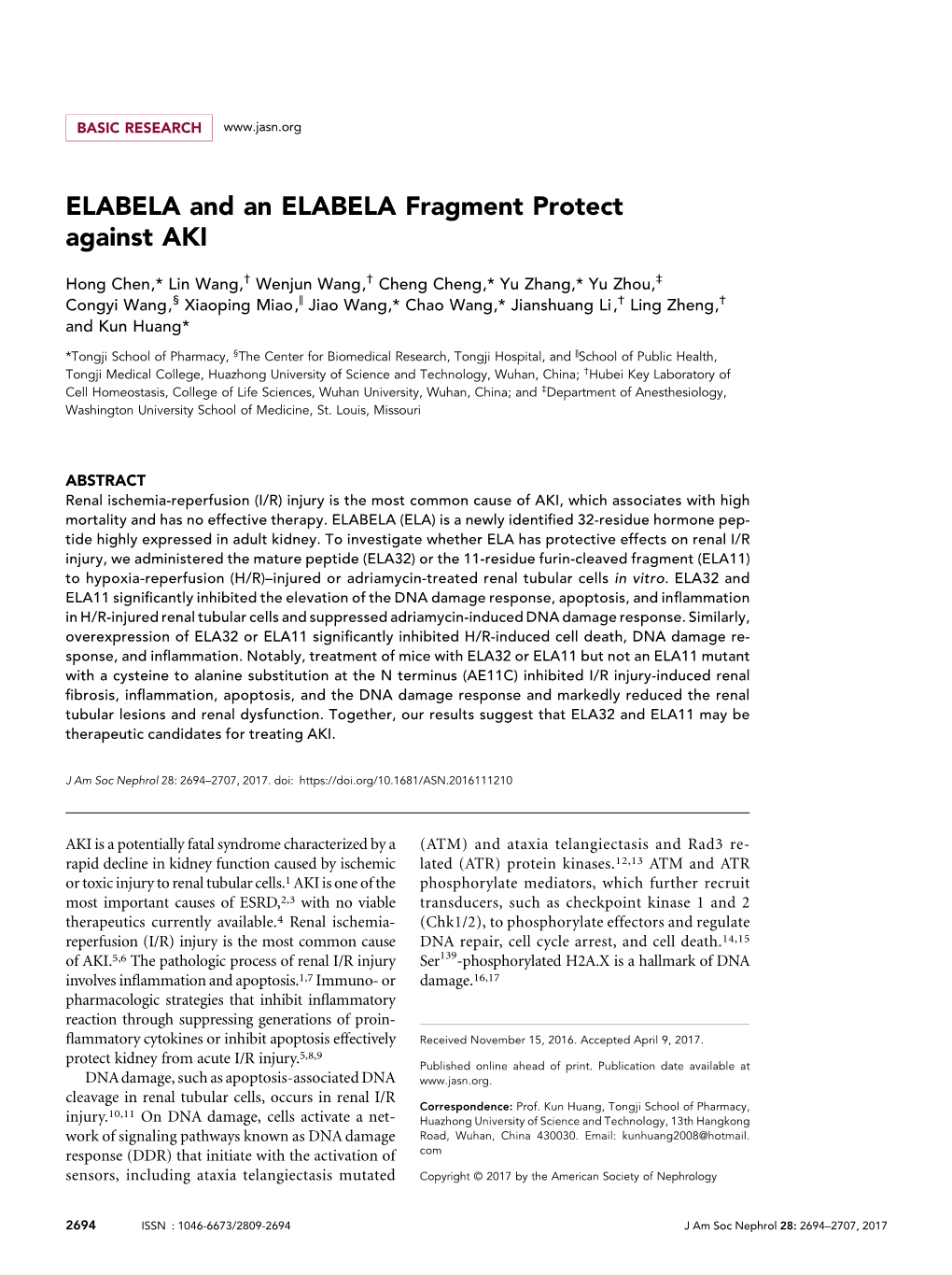 ELABELA and an ELABELA Fragment Protect Against AKI