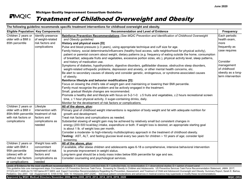 Treatment of Childhood Overweight and Obesity