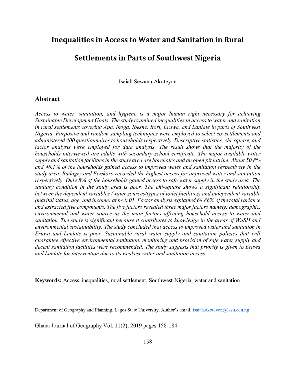 Inequalities in Access to Water and Sanitation in Rural Settlements in Parts of Southwest Nigeria