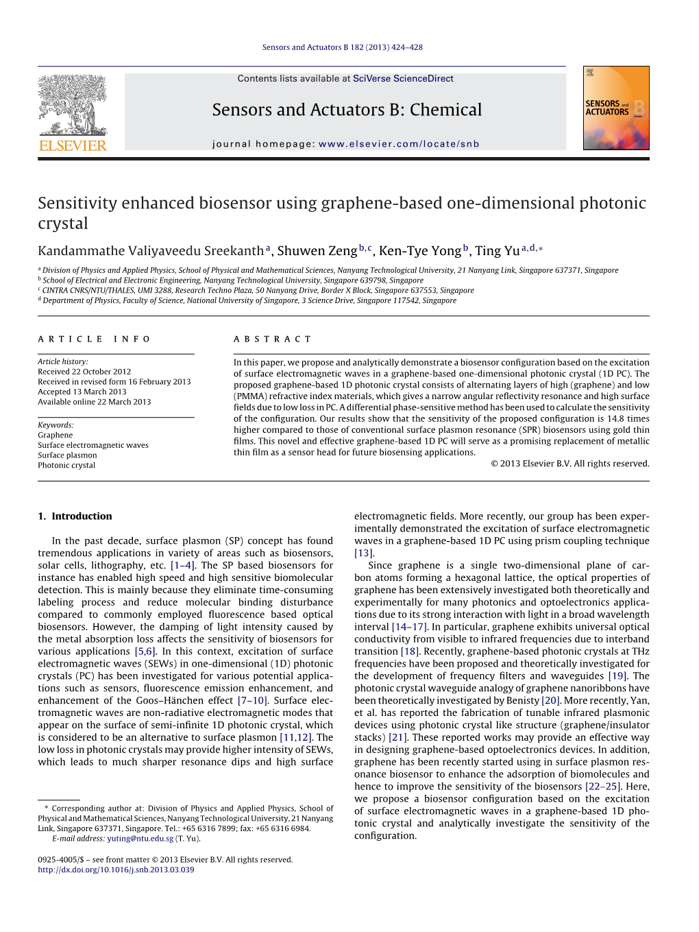 Sensitivity Enhanced Biosensor Using Graphene-Based One-Dimensional Photonic Crystal