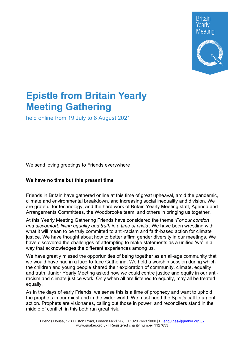 Read the Epistle of Britain Yearly Meeting 2021