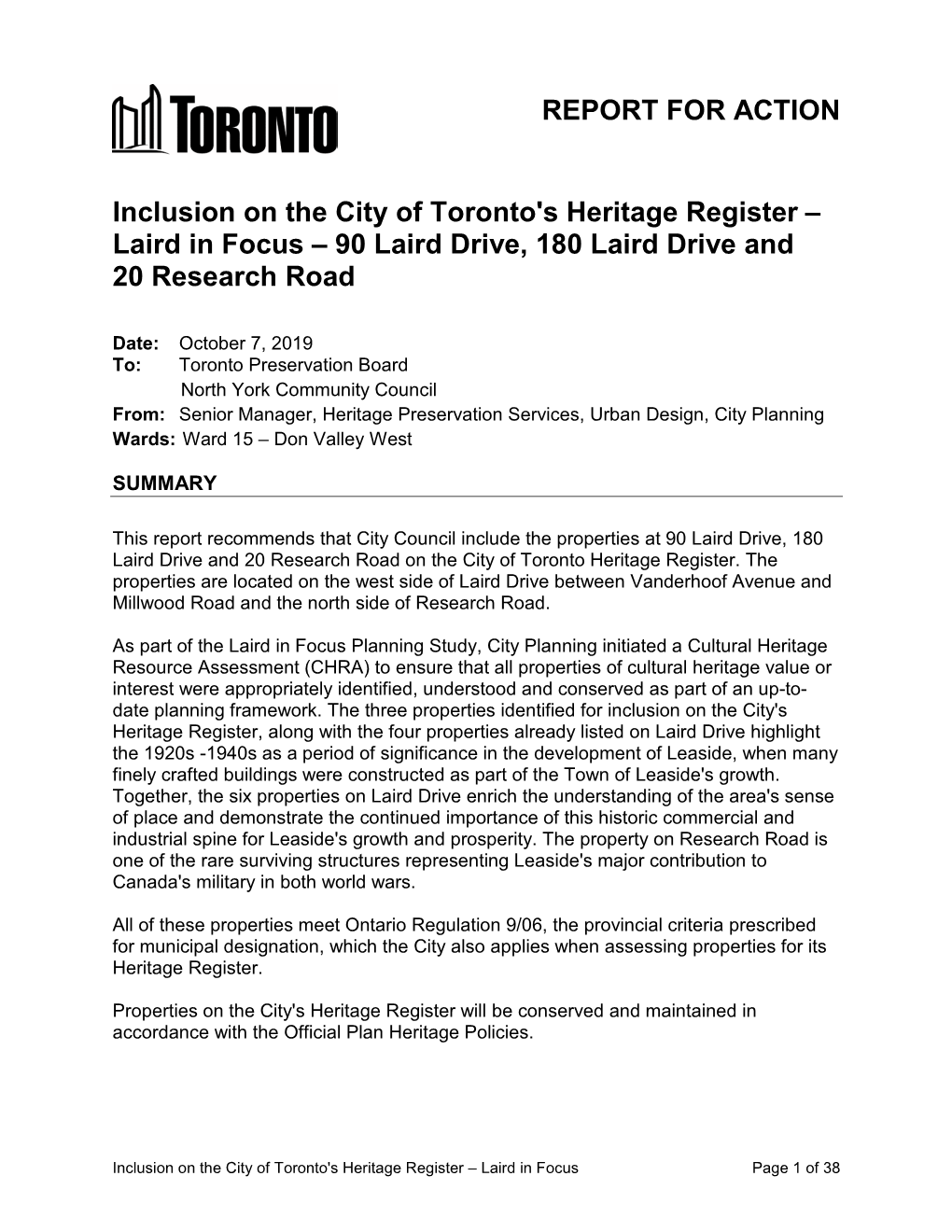 Inclusion on the City of Toronto's Heritage Register – Laird in Focus – 90 Laird Drive, 180 Laird Drive and 20 Research Road