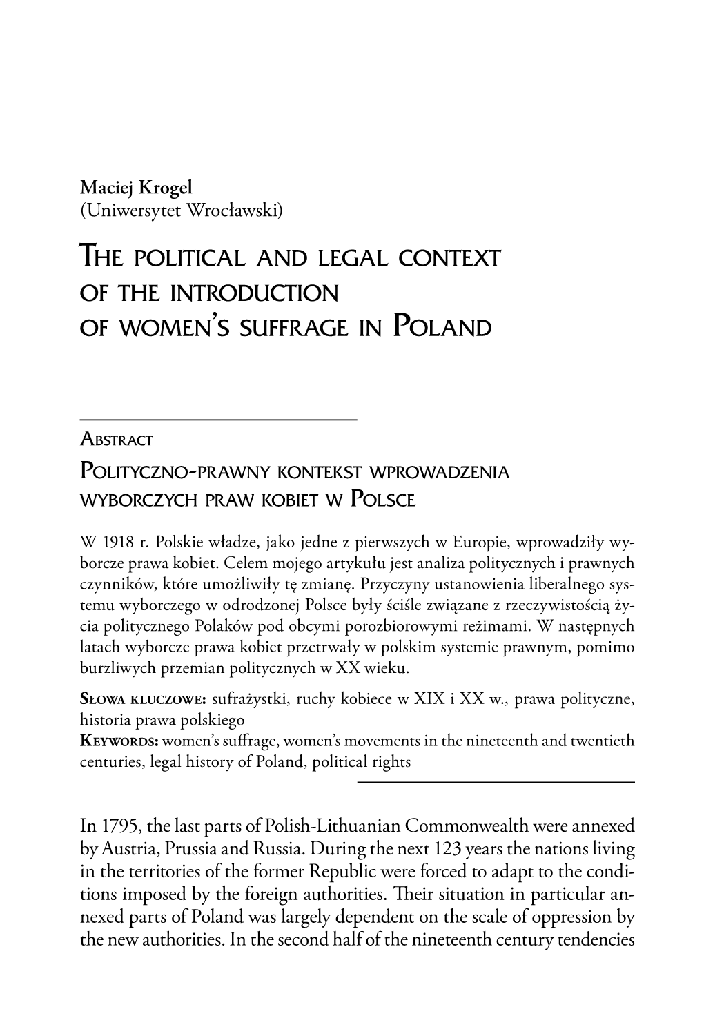 The Political and Legal Context of the Introduction of Women's Suffrage In