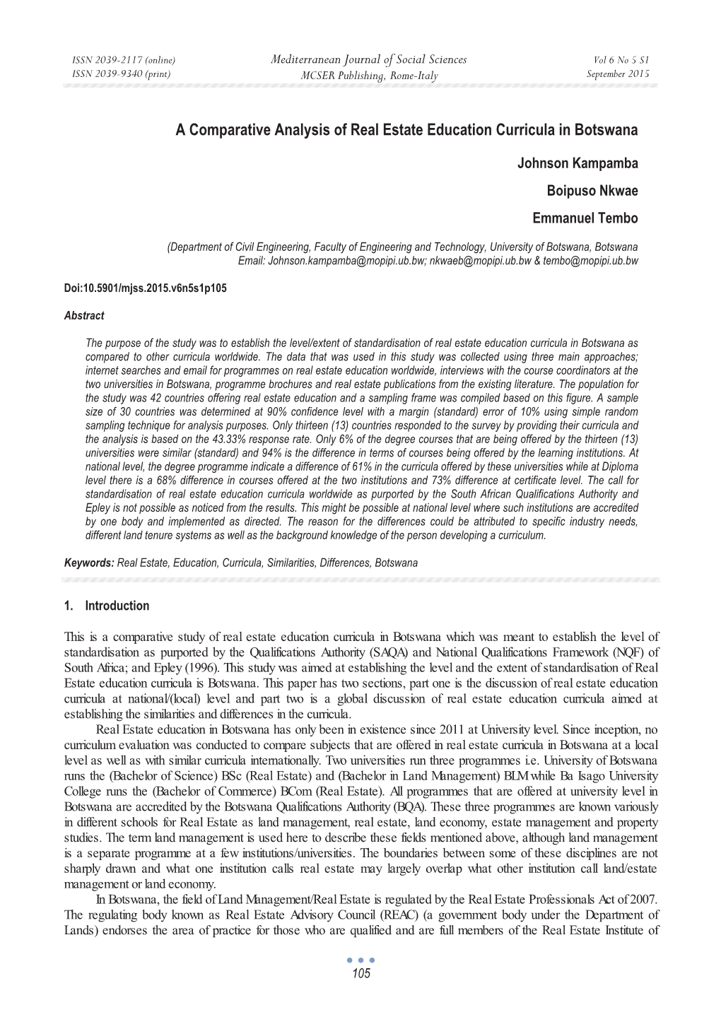 A Comparative Analysis of Real Estate Education Curricula in Botswana