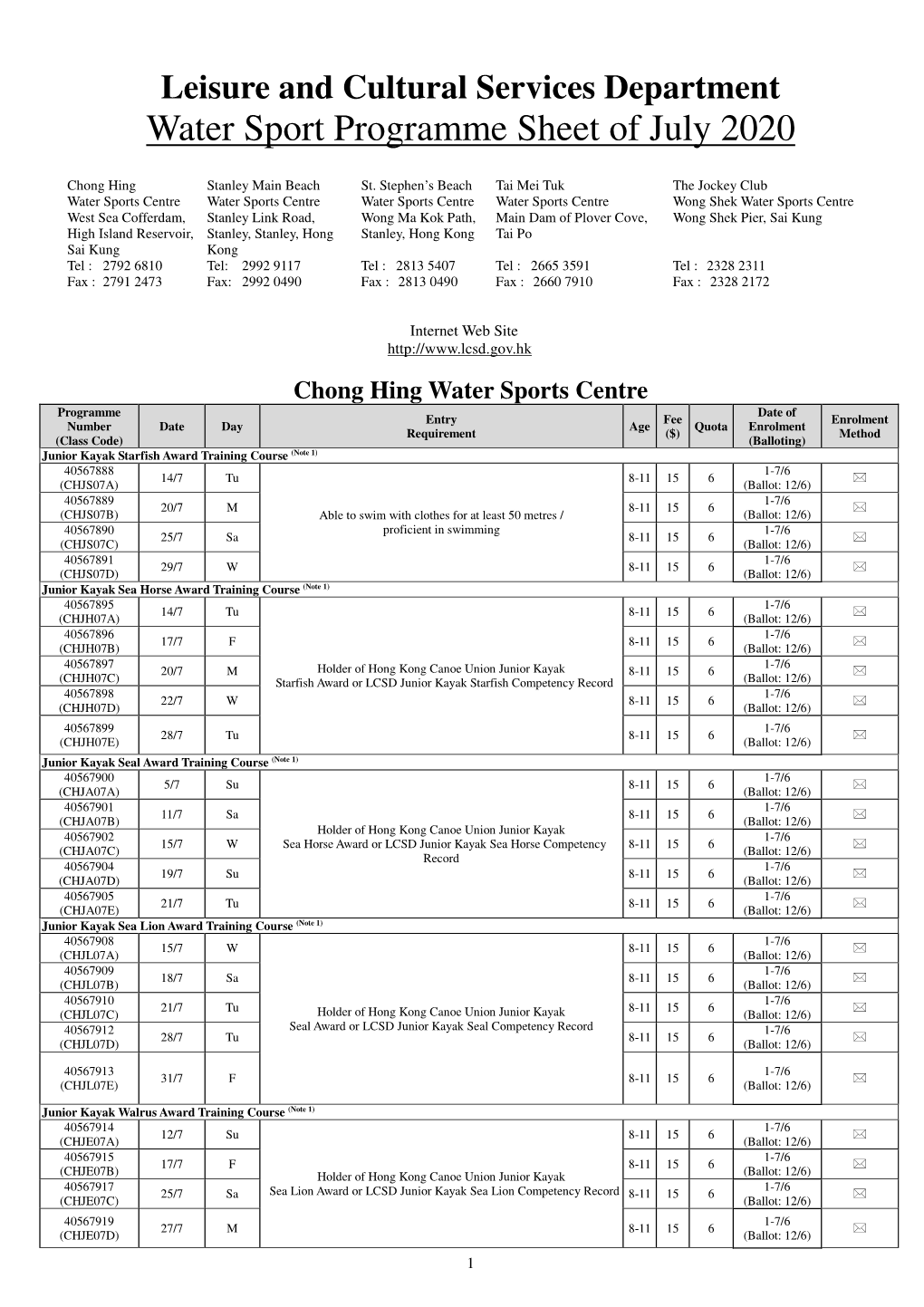 Water Sport Programme Sheet of July 2020