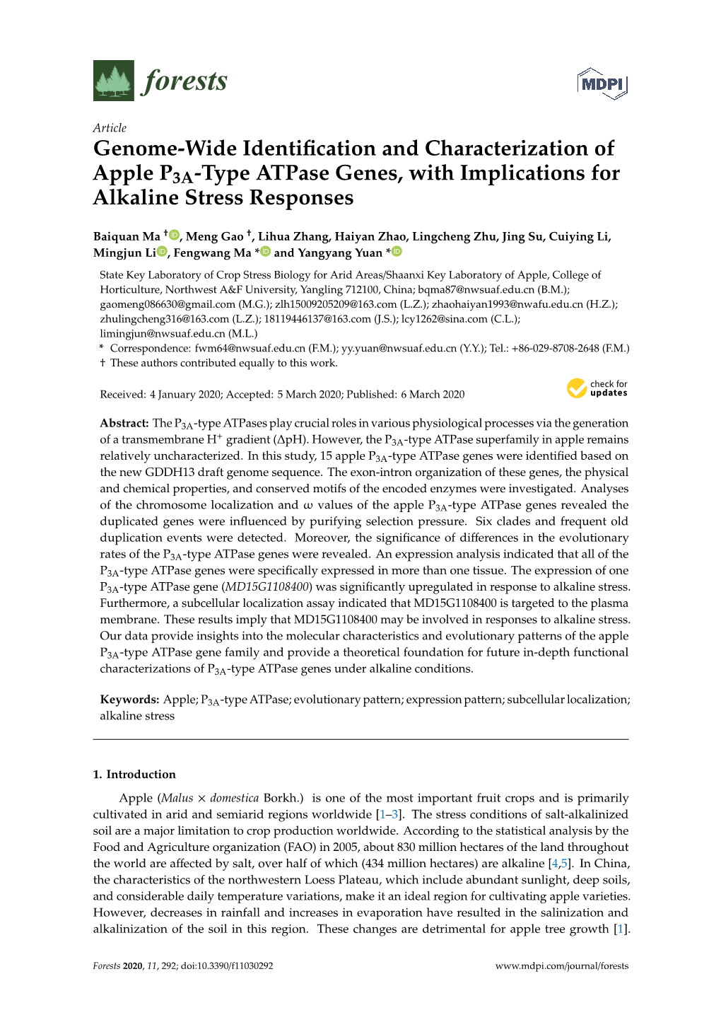 Genome-Wide Identification and Characterization of Apple P3A-Type Atpase Genes, with Implications for Alkaline Stress Responses