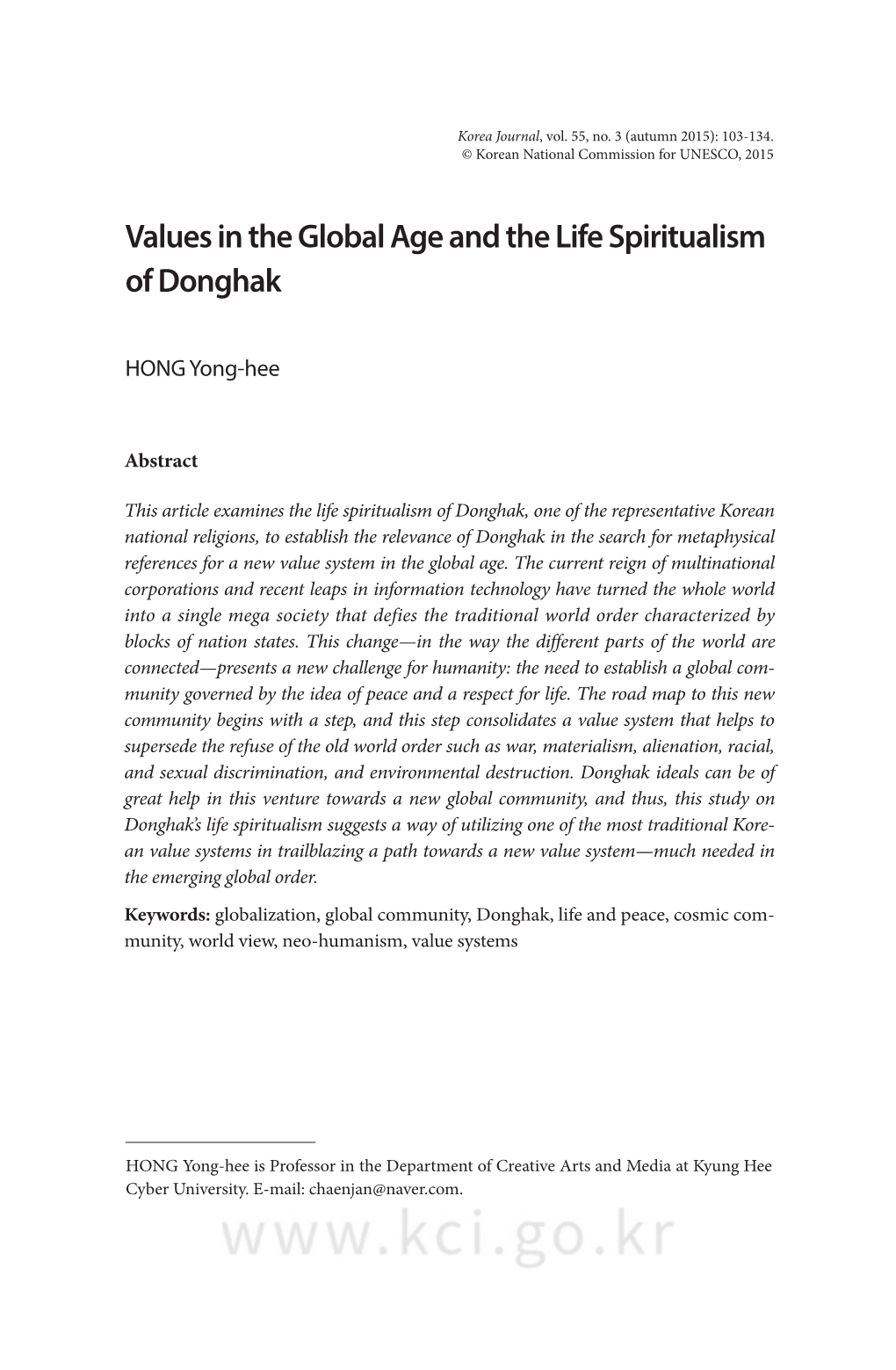 Values in the Global Age and the Life Spiritualism of Donghak