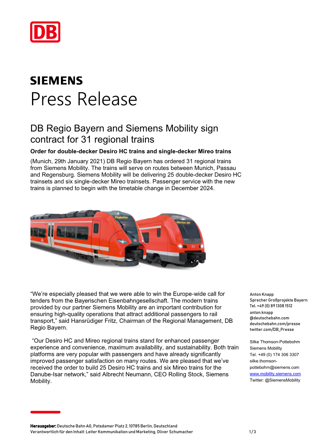 DB Regio Bayern and Siemens Mobility Sign Contract for 31