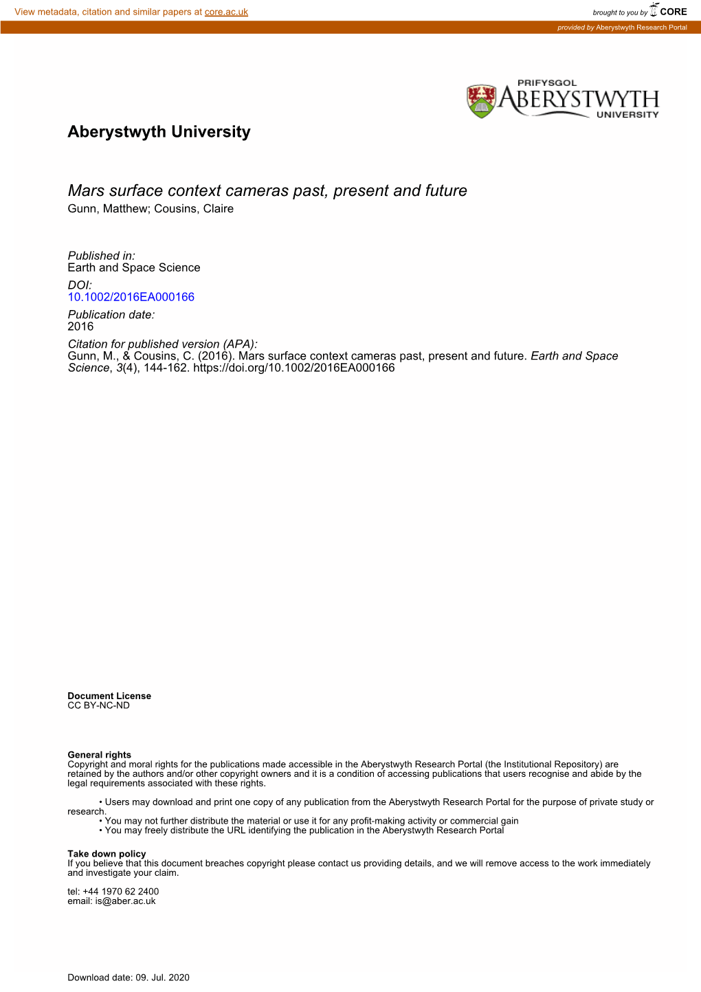 Mars Surface Context Cameras Past, Present, and Future 10.1002/2016EA000166 M