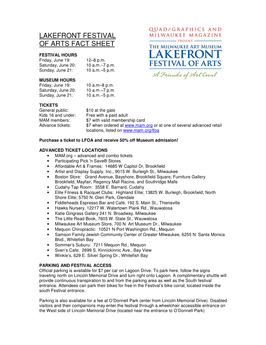 Lakefront Festival of Arts Fact Sheet