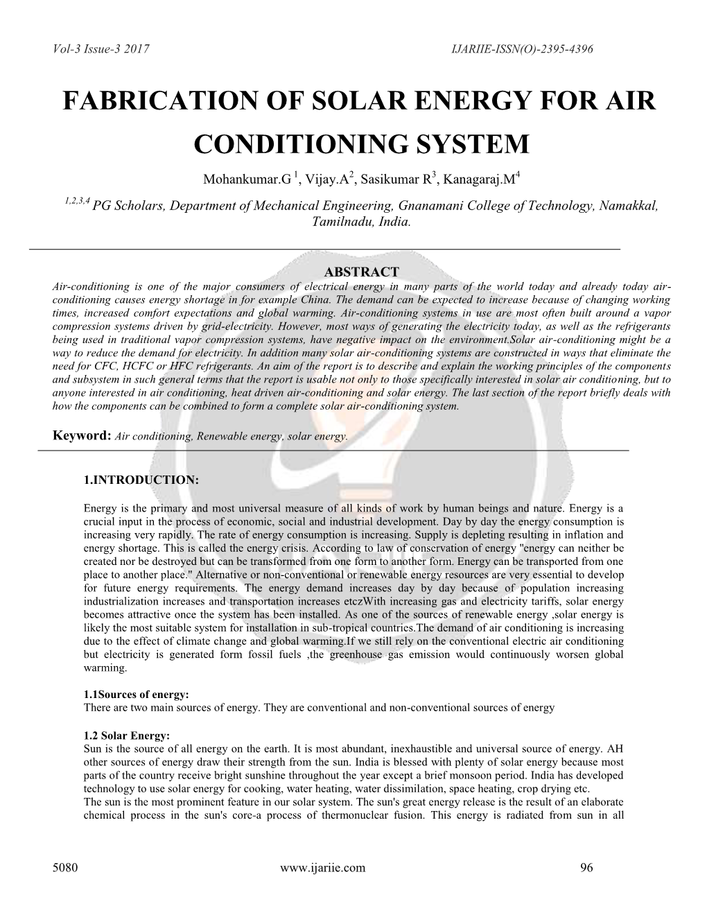 Fabrication of Solar Energy for Air Conditioning System