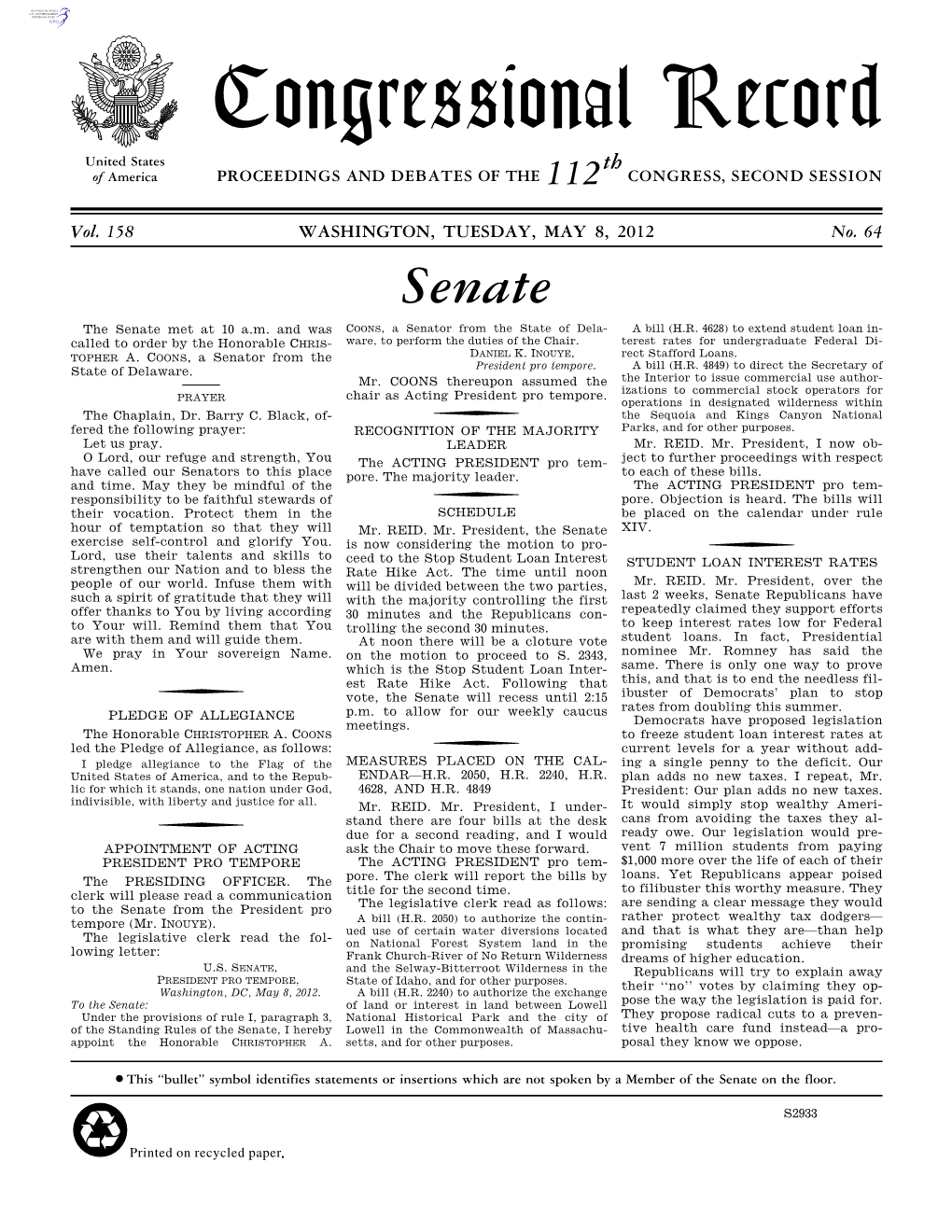 Congressional Record United States Th of America PROCEEDINGS and DEBATES of the 112 CONGRESS, SECOND SESSION