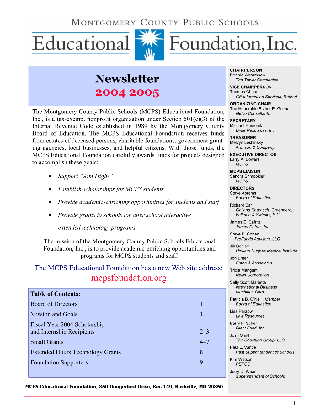 MCPS Educational Foundation, Inc. Newsletter 2004-05