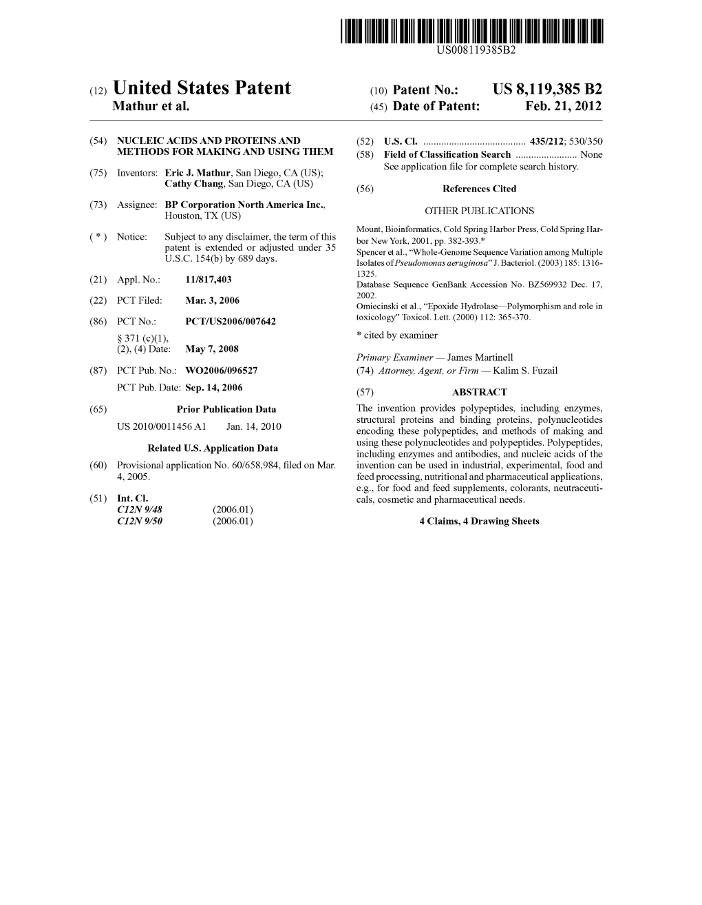 (10) Patent No.: US 8119385 B2