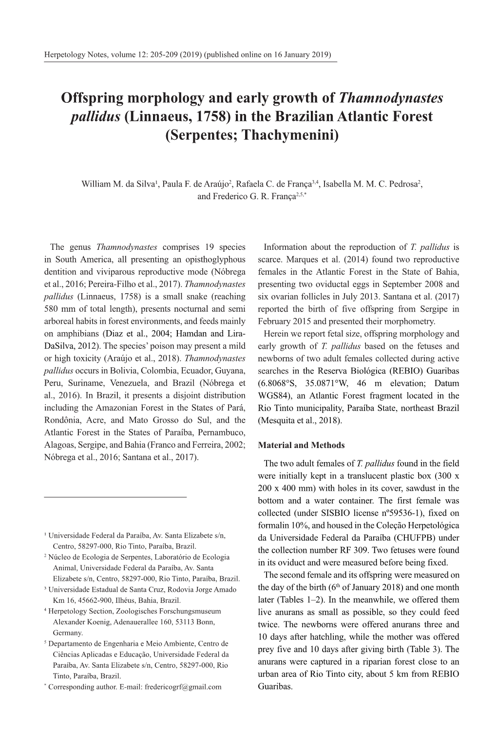Offspring Morphology and Early Growth of Thamnodynastes Pallidus (Linnaeus, 1758) in the Brazilian Atlantic Forest (Serpentes; Thachymenini)