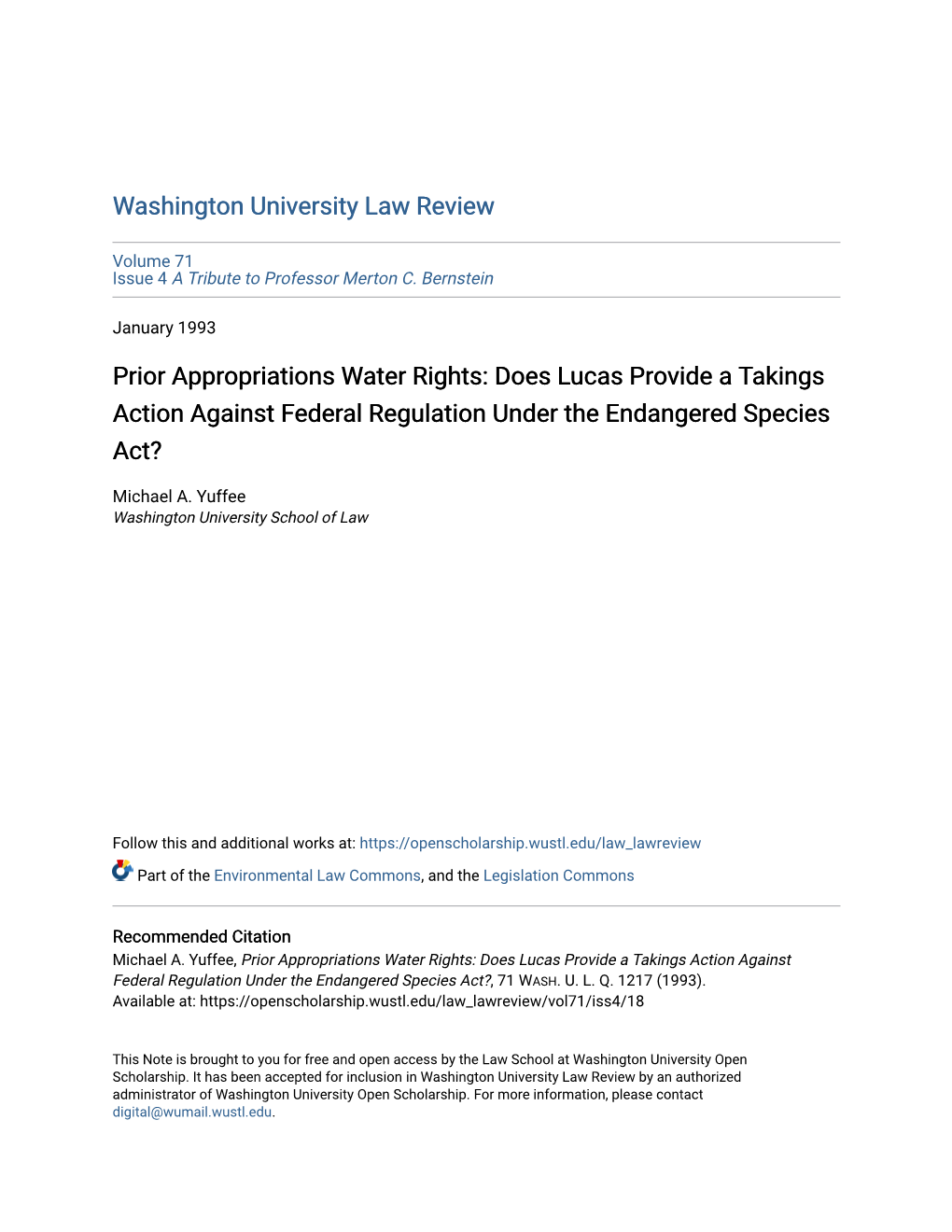 Prior Appropriations Water Rights: Does Lucas Provide a Takings Action Against Federal Regulation Under the Endangered Species Act?