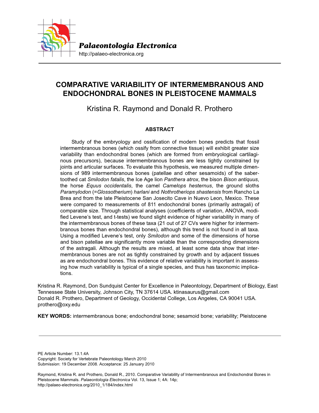 Palaeontologia Electronica COMPARATIVE VARIABILITY OF