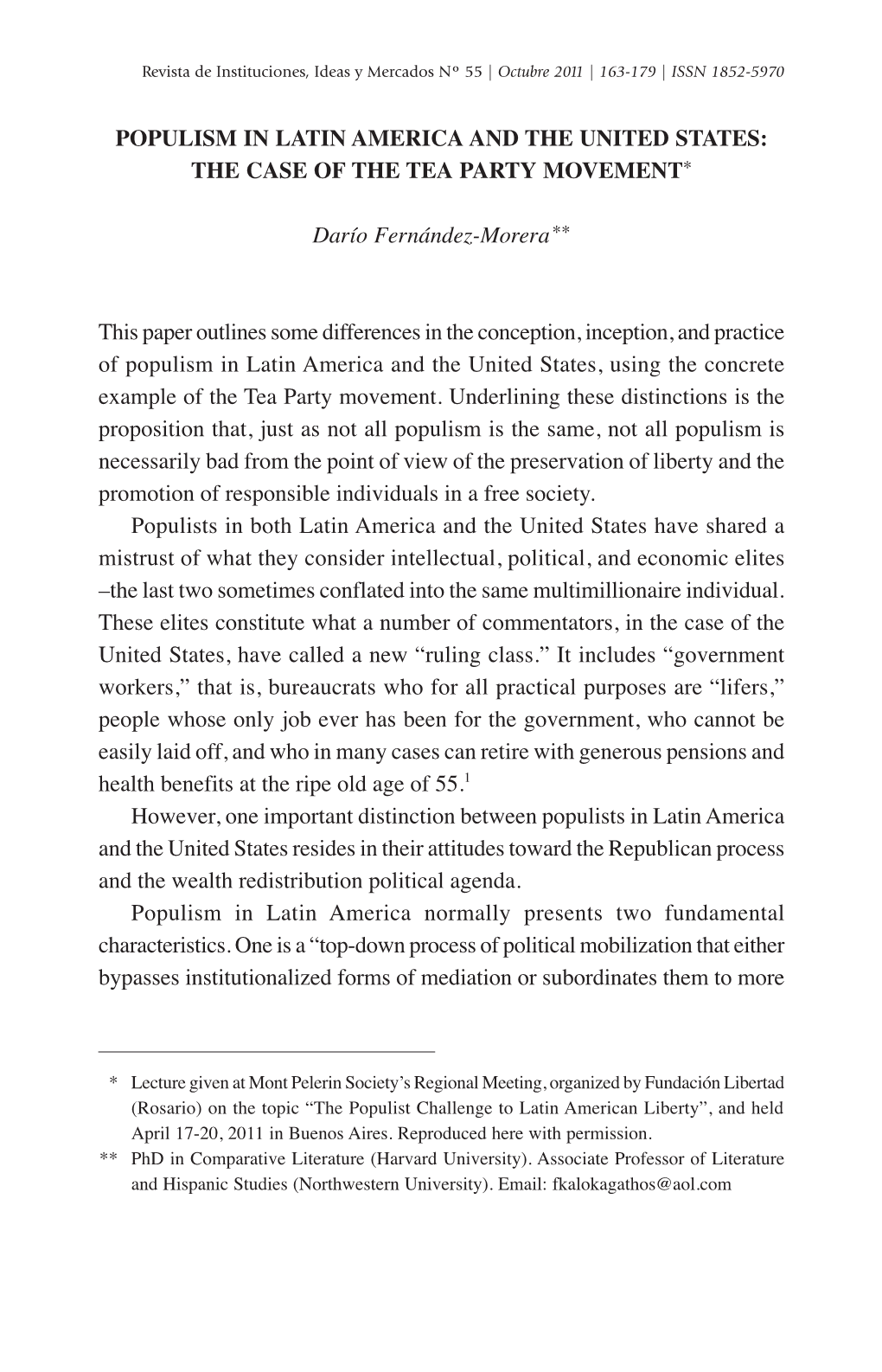 Populism in Latin America and the United States: the Case of the Tea Party Movement*