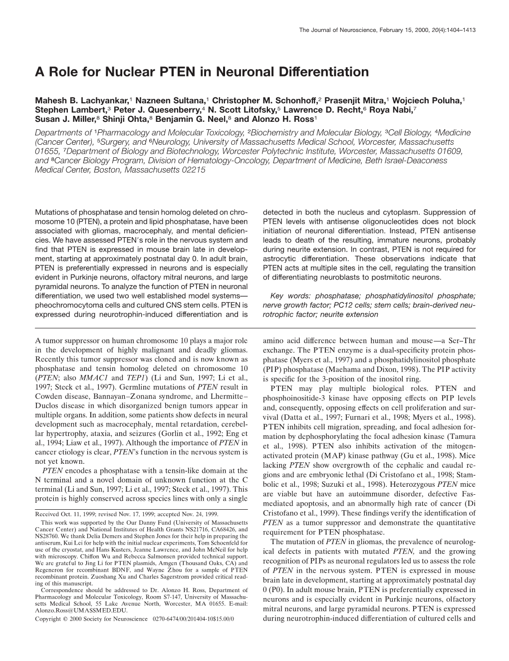 A Role for Nuclear PTEN in Neuronal Differentiation