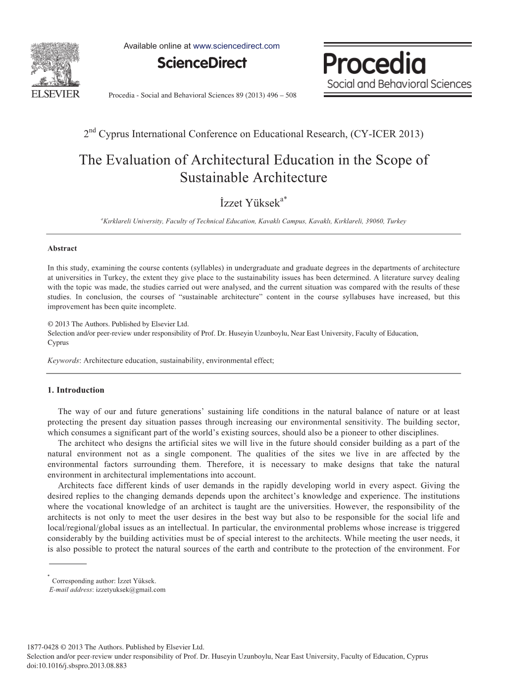 The Evaluation of Architectural Education in the Scope of Sustainable Architecture