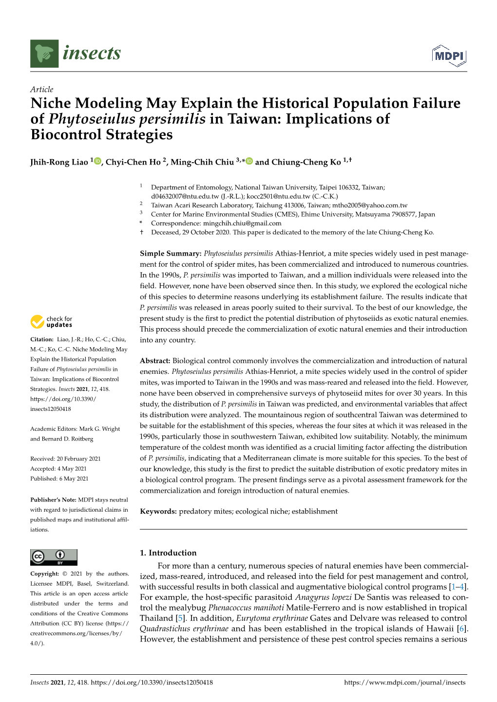 Niche Modeling May Explain the Historical Population Failure of Phytoseiulus Persimilis in Taiwan: Implications of Biocontrol Strategies