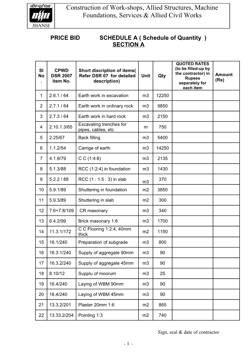 PRICE BID SCHEDULE a ( Schedule of Quantity )