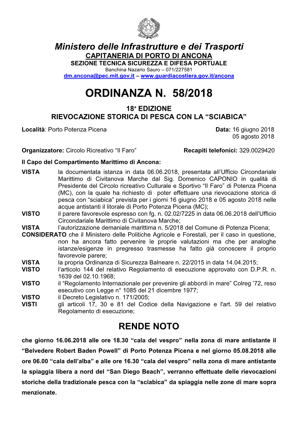 Ordinanza N. 58/2018