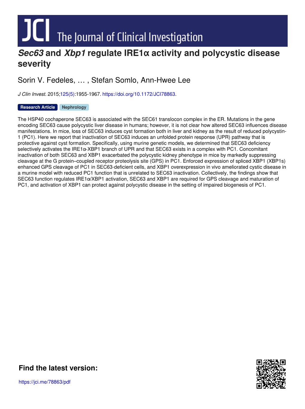 Sec63 and Xbp1 Regulate Ire1α Activity and Polycystic Disease Severity