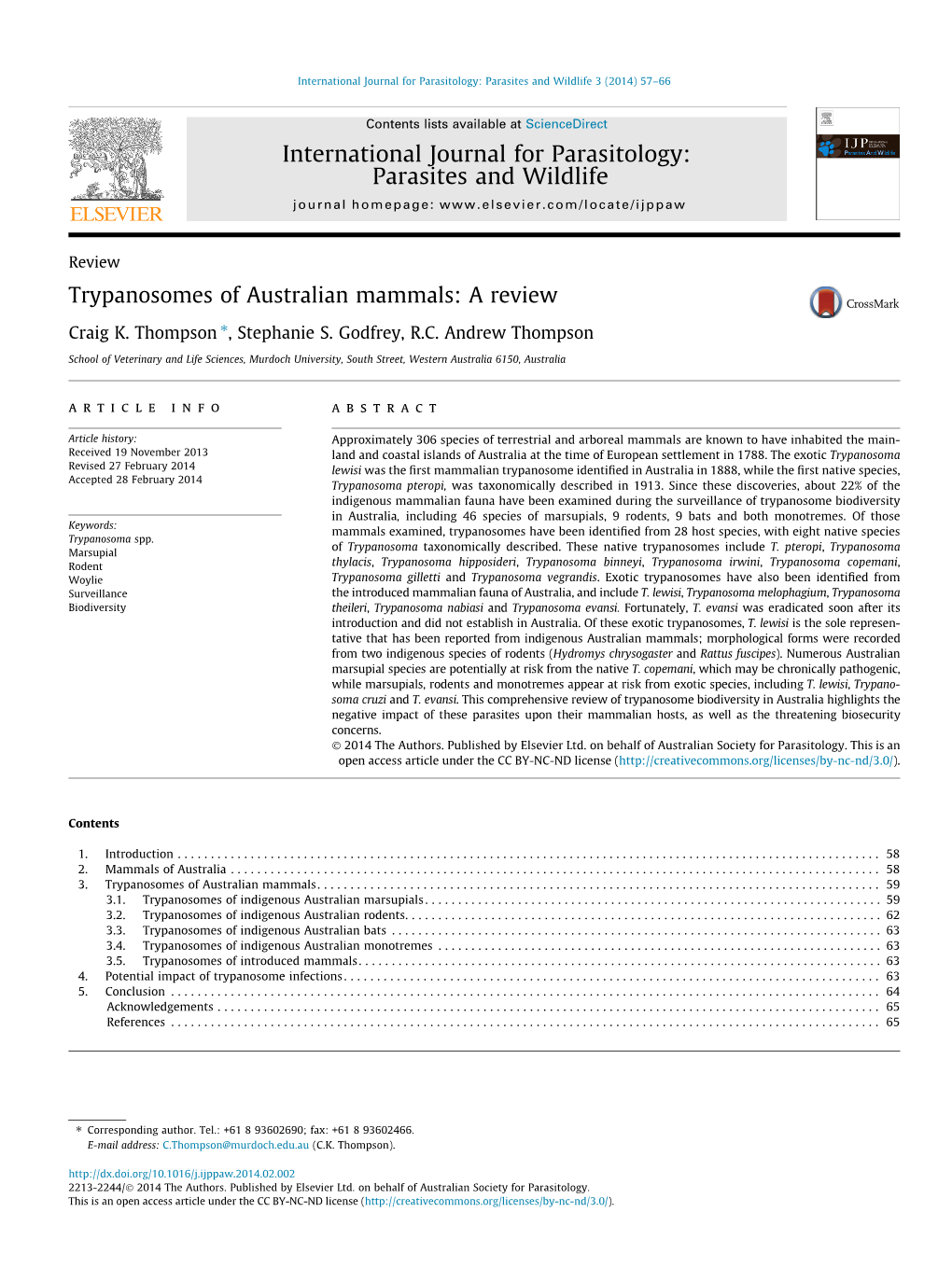 Trypanosomes of Australian Mammals: a Review ⇑ Craig K