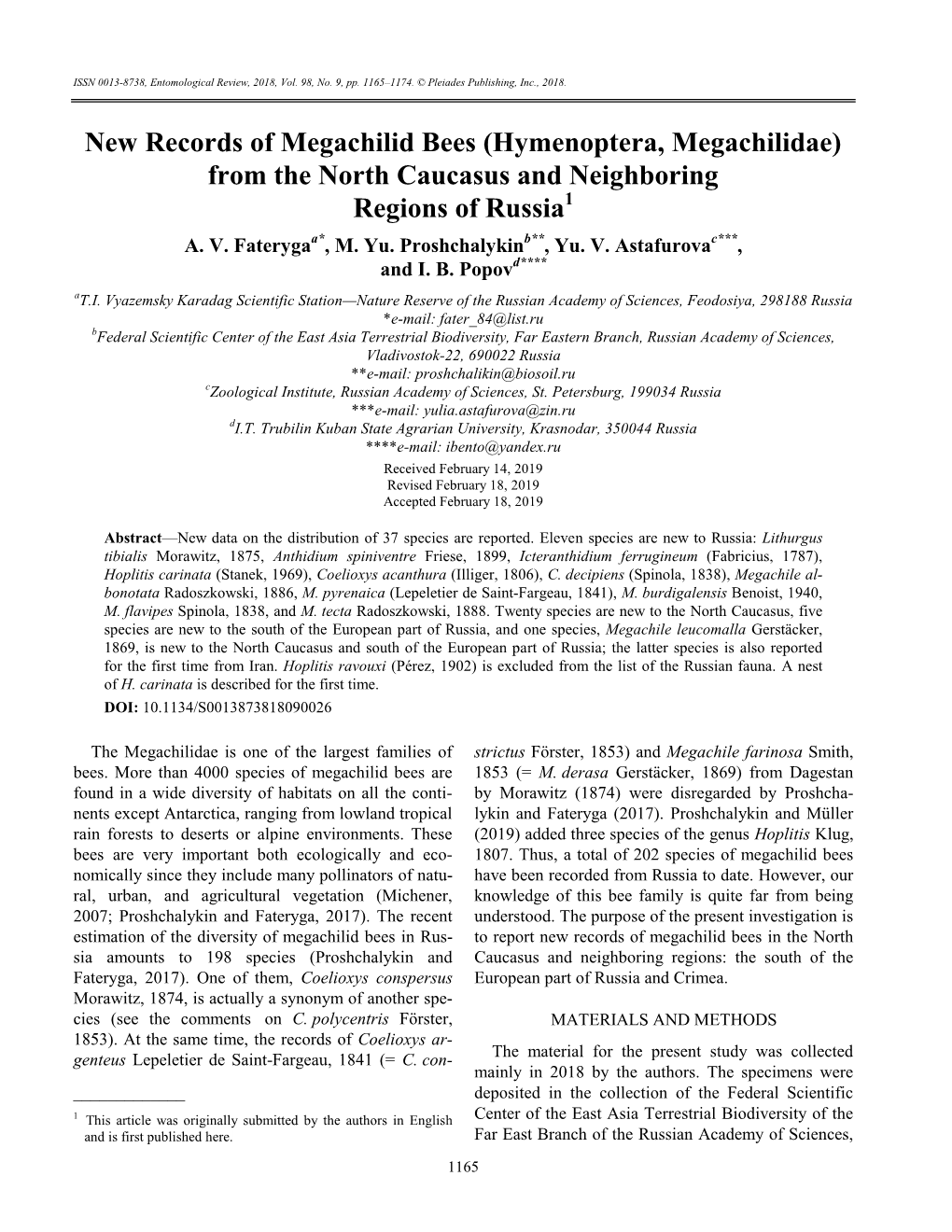 New Records of Megachilid Bees (Hymenoptera, Megachilidae) from the North Caucasus and Neighboring Regions of Russia1 A