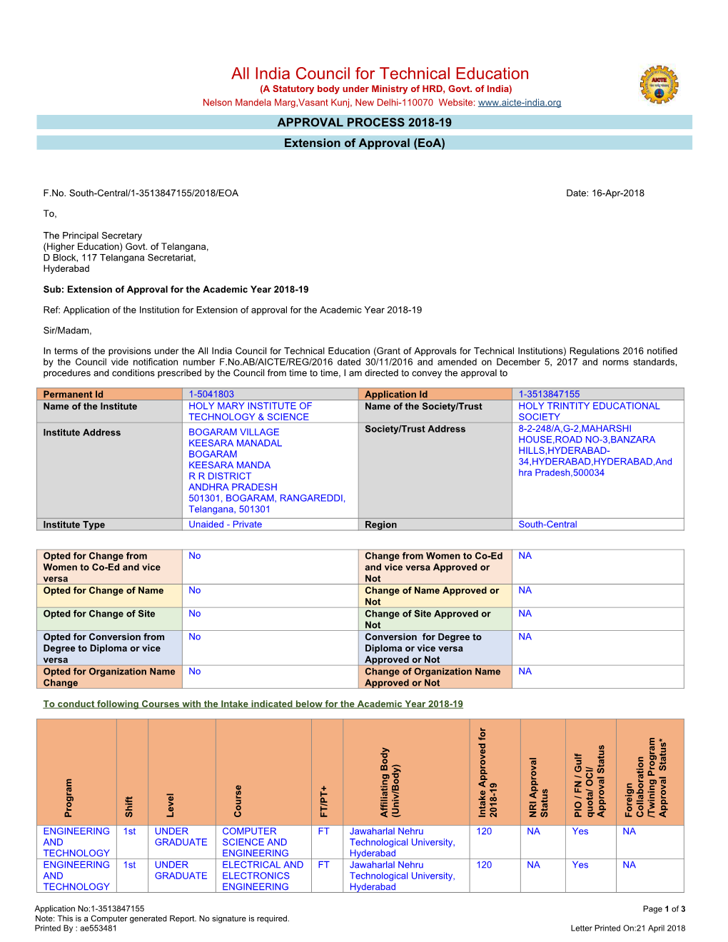 All India Council for Technical Education (A Statutory Body Under Ministry of HRD, Govt