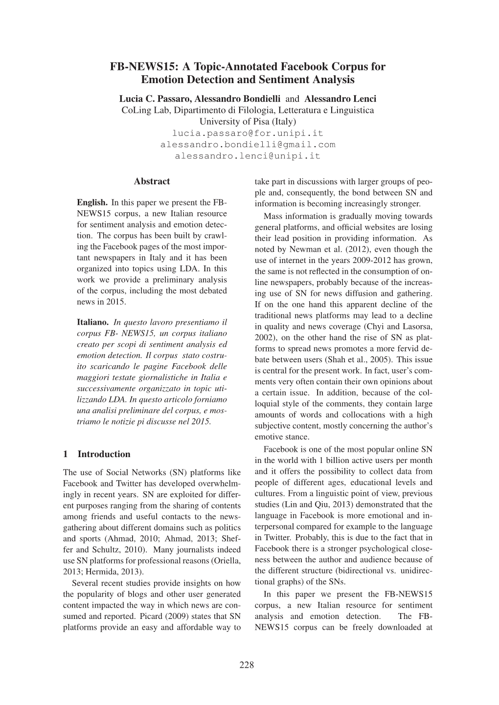 FB-NEWS15: a Topic-Annotated Facebook Corpus for Emotion Detection and Sentiment Analysis Lucia C