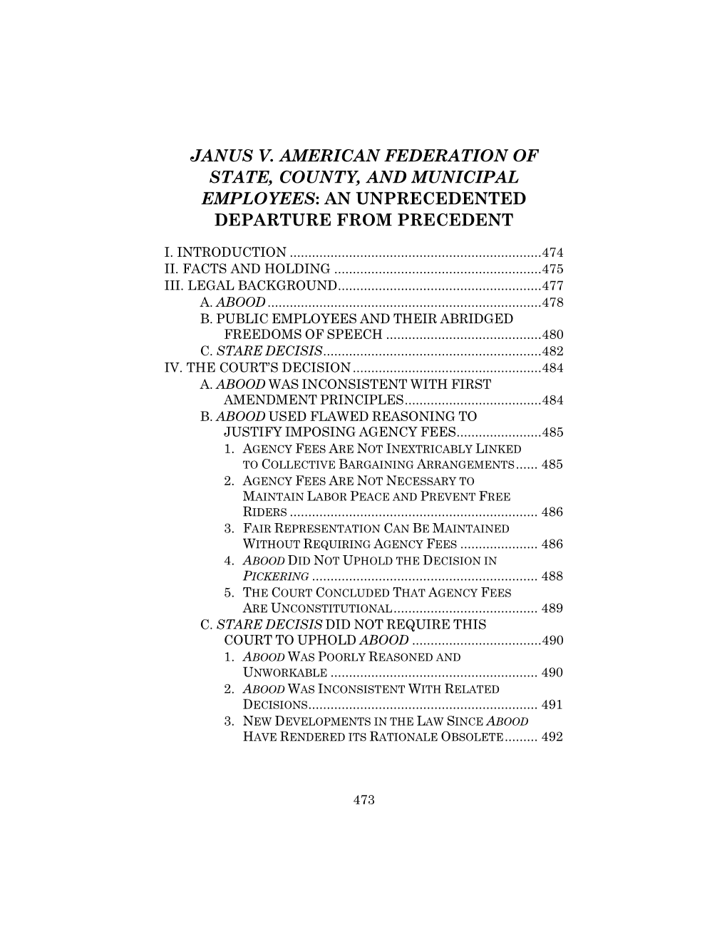 Janus V. American Federation of State, County, and Municipal Employees: an Unprecedented Departure from Precedent