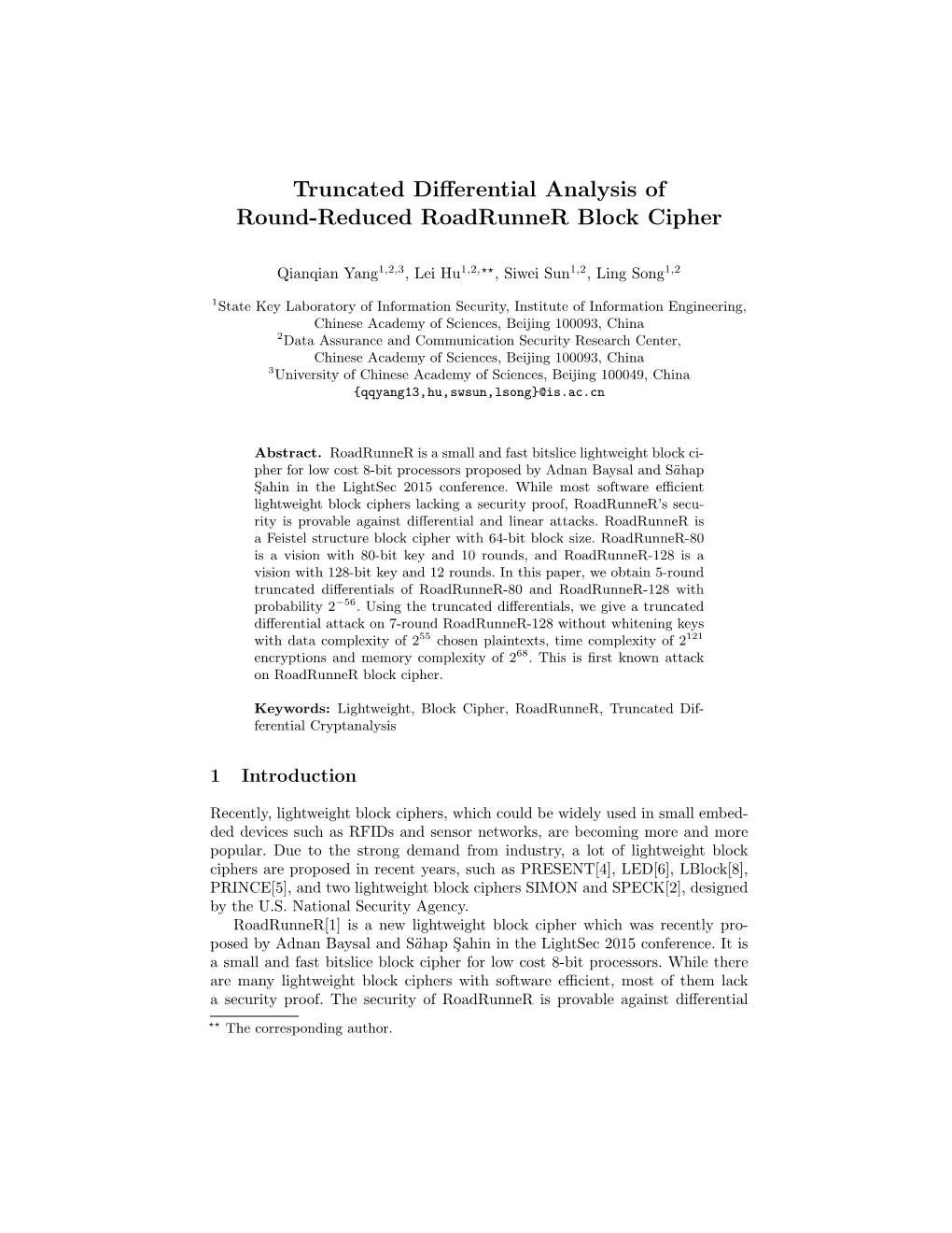 Truncated Differential Analysis of Round-Reduced Roadrunner