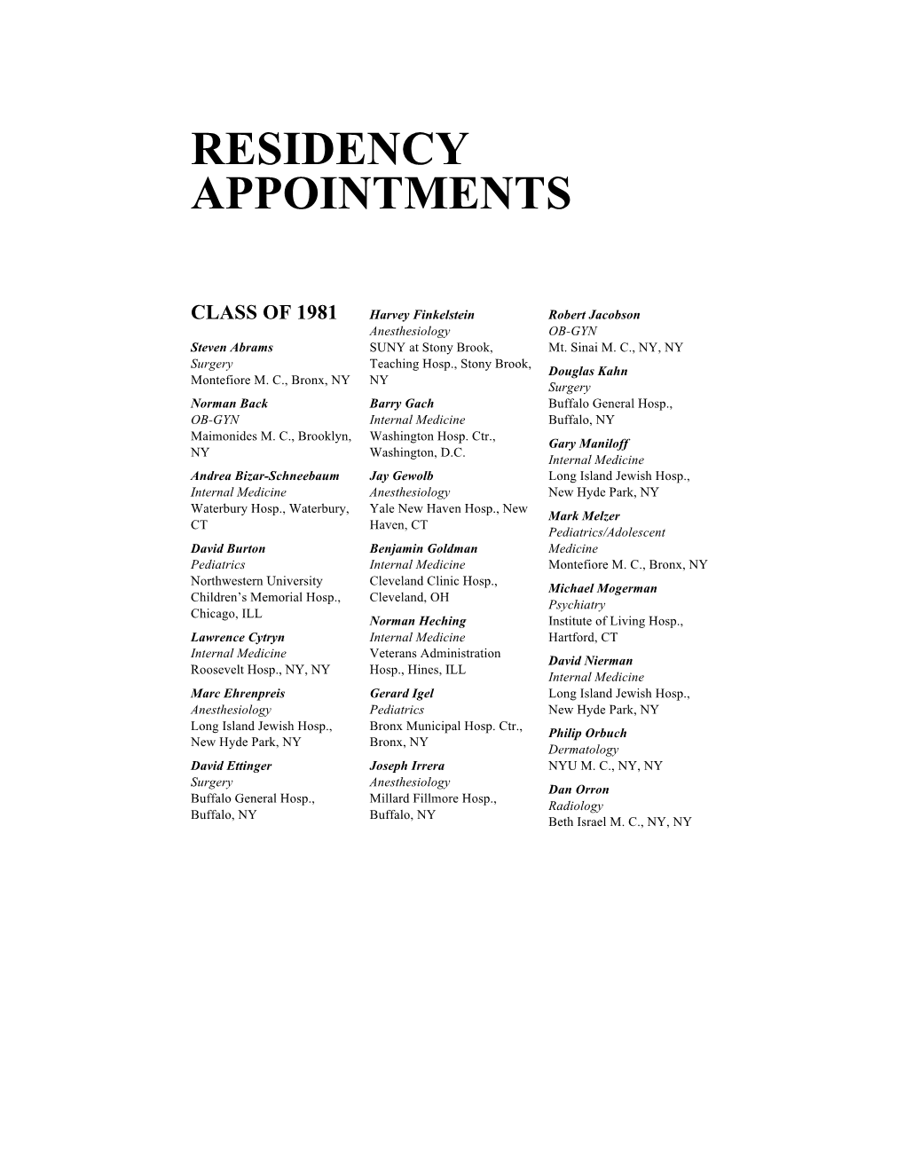 Residency Appointments 1981-2017