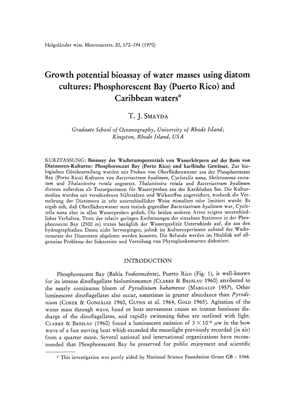 Growth Potential Bioassay of Water Masses Using Diatom Cultures: Phosphorescent Bay (Puerto Rico) and Caribbean Waters::