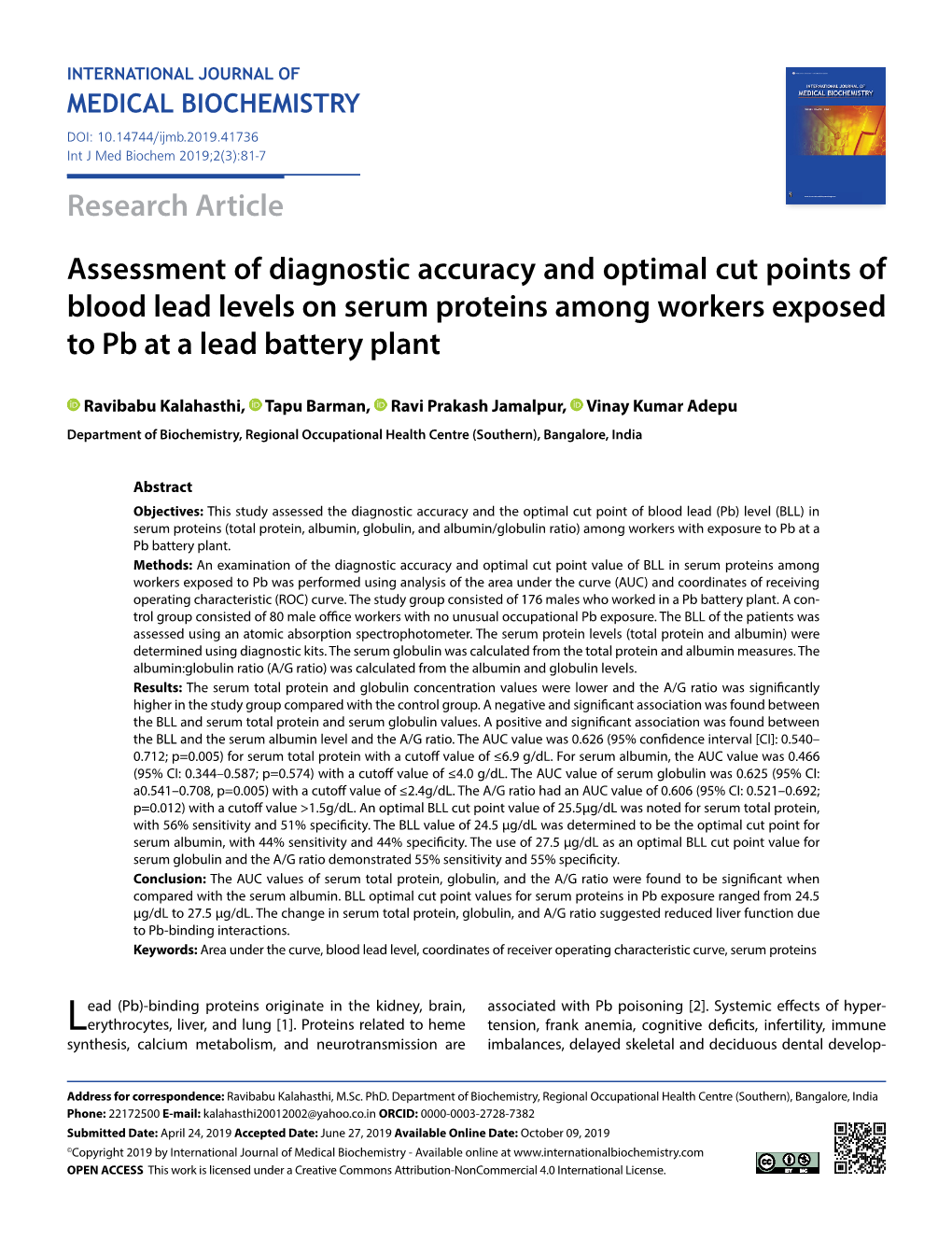 Research Article Assessment of Diagnostic Accuracy and Optimal Cut Points of Blood Lead Levels on Serum Proteins Among Workers E