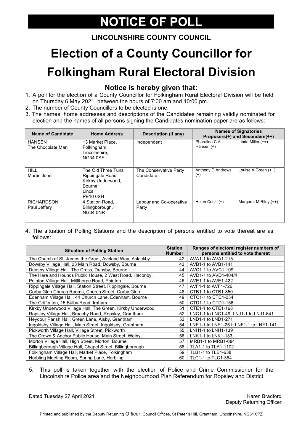 NOTICE of POLL Election of a County Councillor for Folkingham