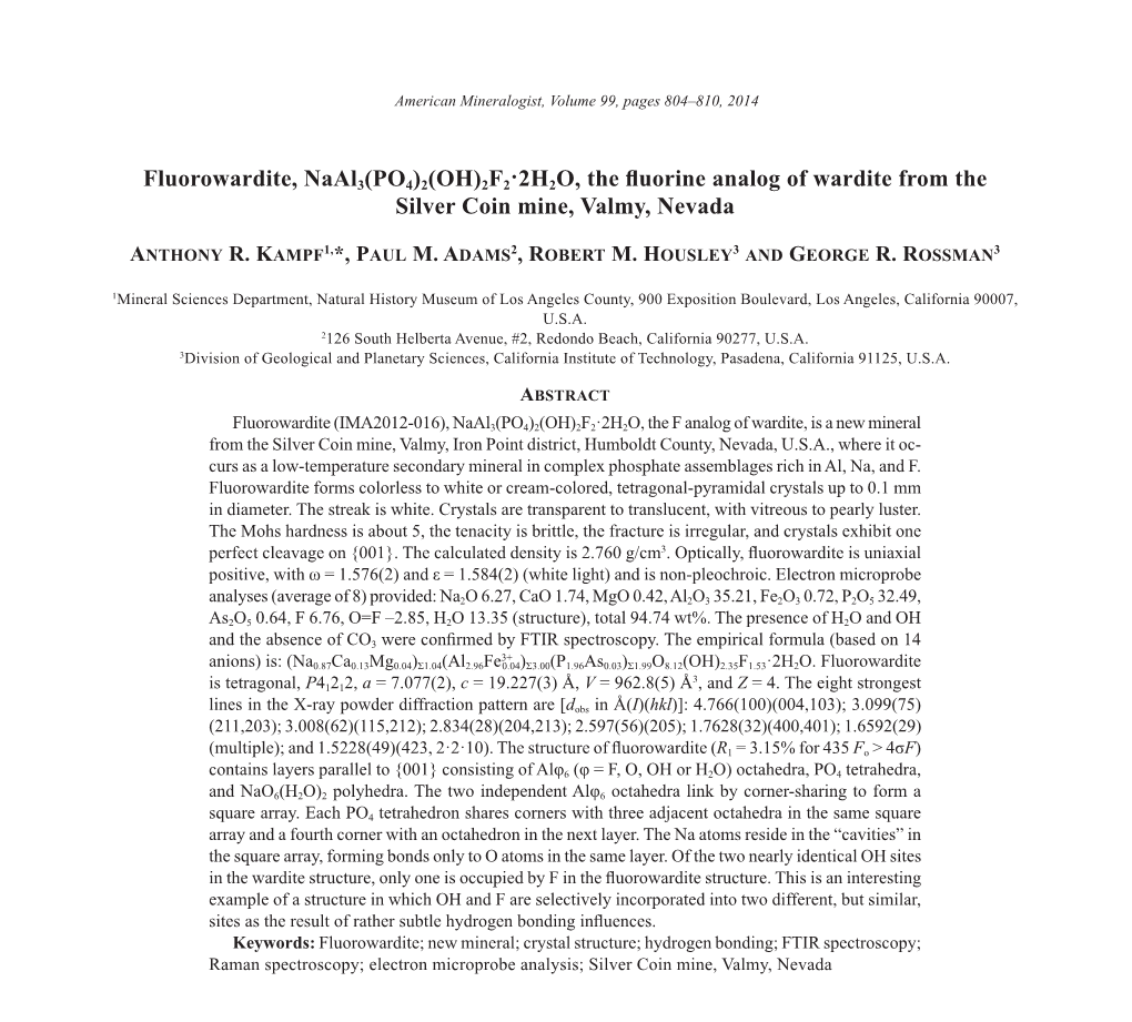 Fluorowardite, Naal3(PO4)2(OH)2F2·2H2O, the Fluorine Analog of Wardite from the Silver Coin Mine, Valmy, Nevada